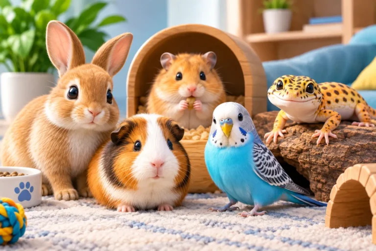 3D rendered small pets including a rabbit, hamster, guinea pig, budgie, and leopard gecko