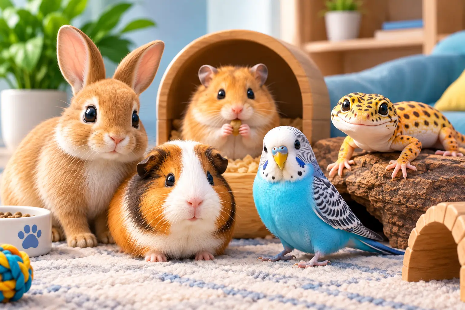 3D rendered small pets including a rabbit, hamster, guinea pig, budgie, and leopard gecko