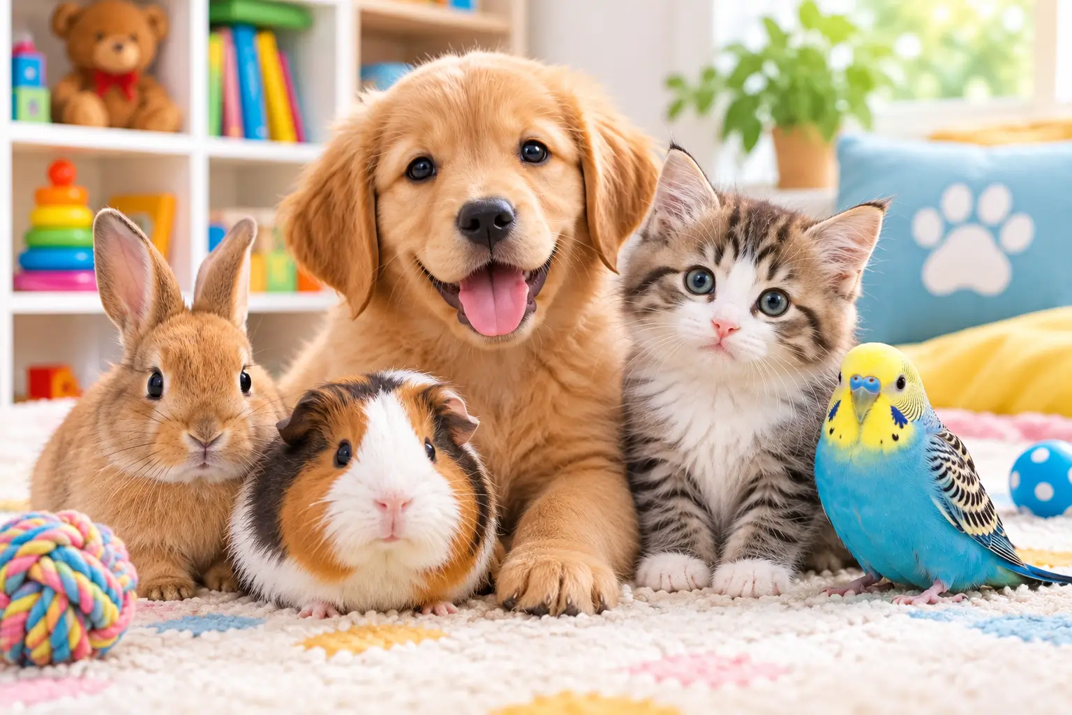 Cute pets for kids including a puppy, kitten, rabbit, guinea pig, and colorful parakeet