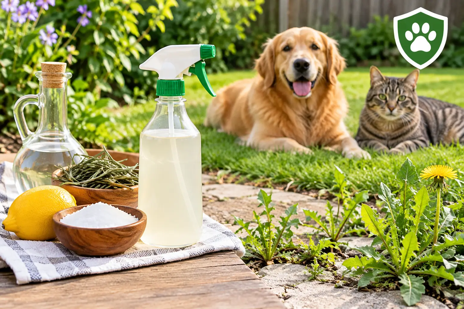 Homemade weed killer safe for pets with a spray bottle, lemon, salt, and garden weeds
