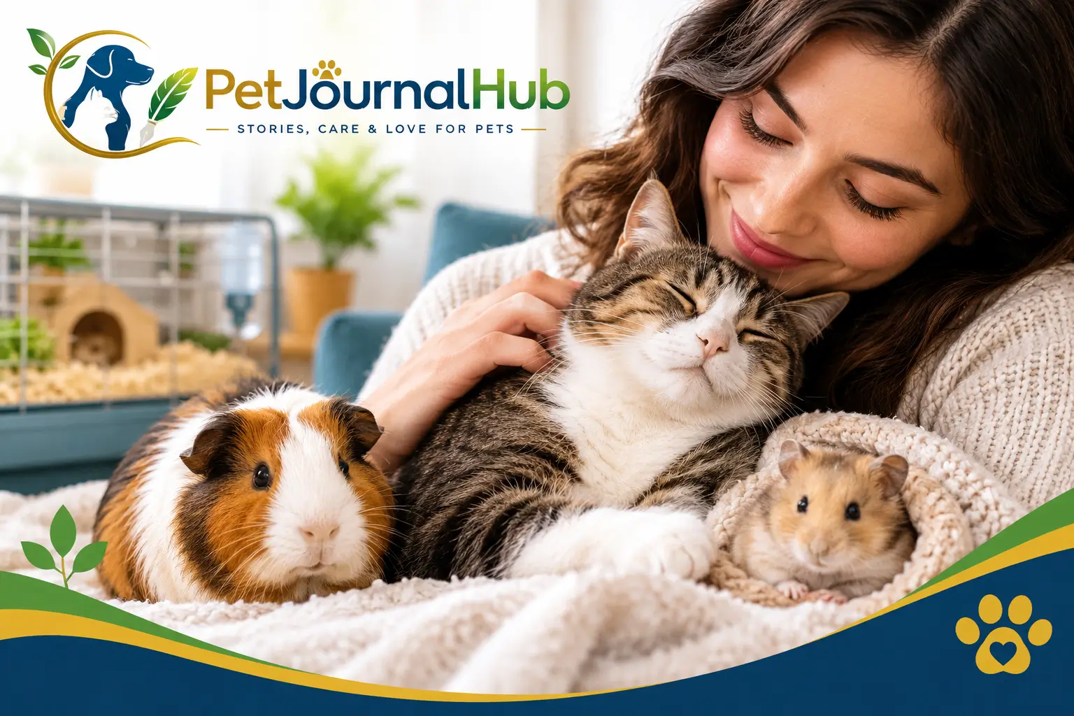 Low maintenance pets that like to cuddle, including a friendly cat, guinea pig, and hamster