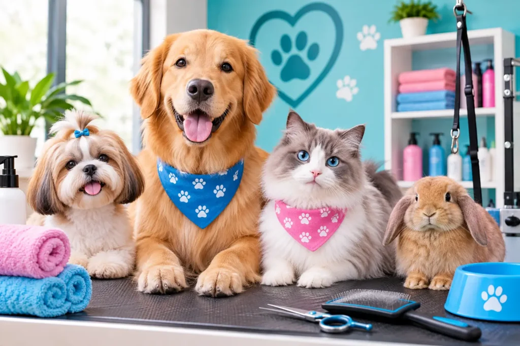 Pretty Pets Grooming Salon with freshly groomed dogs, cat, and rabbit