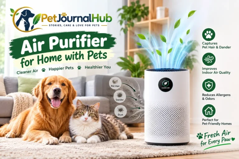 Air purifier running in a home with a dog and cat