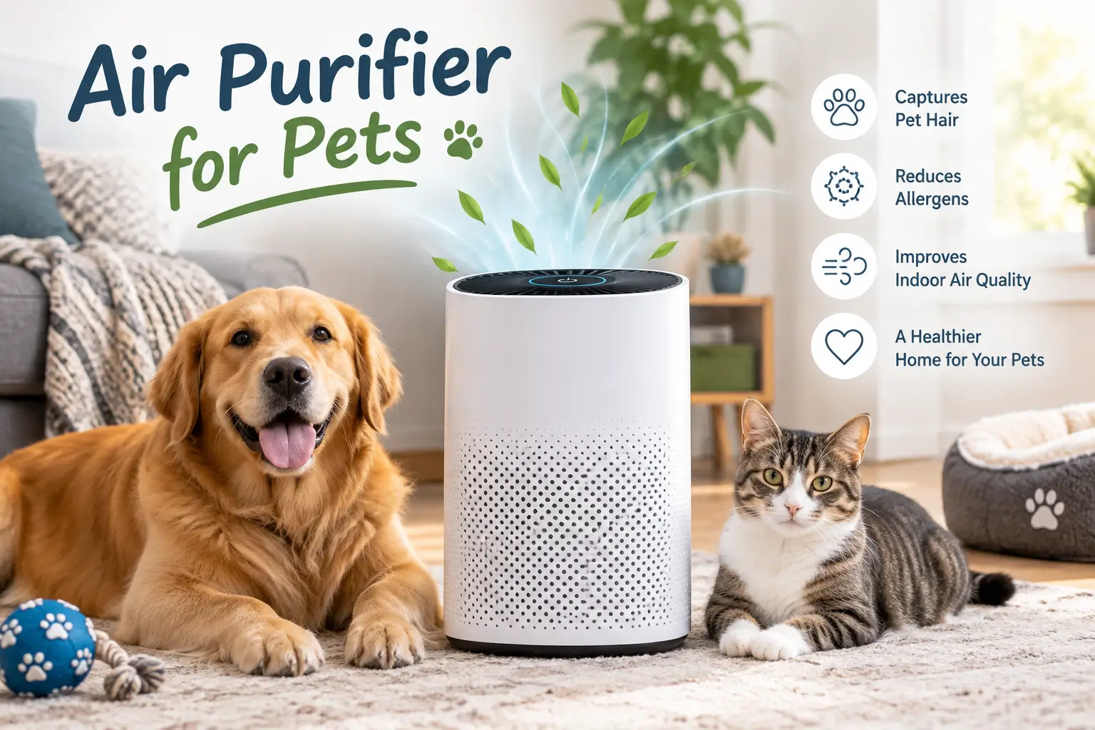Air purifier in a pet-friendly home with a dog and cat