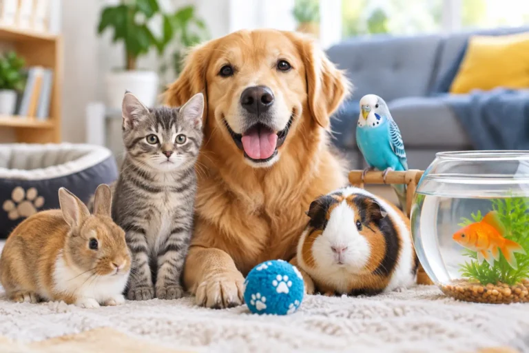 Animal pets including a dog, cat, rabbit, guinea pig, bird, and aquarium fish at home