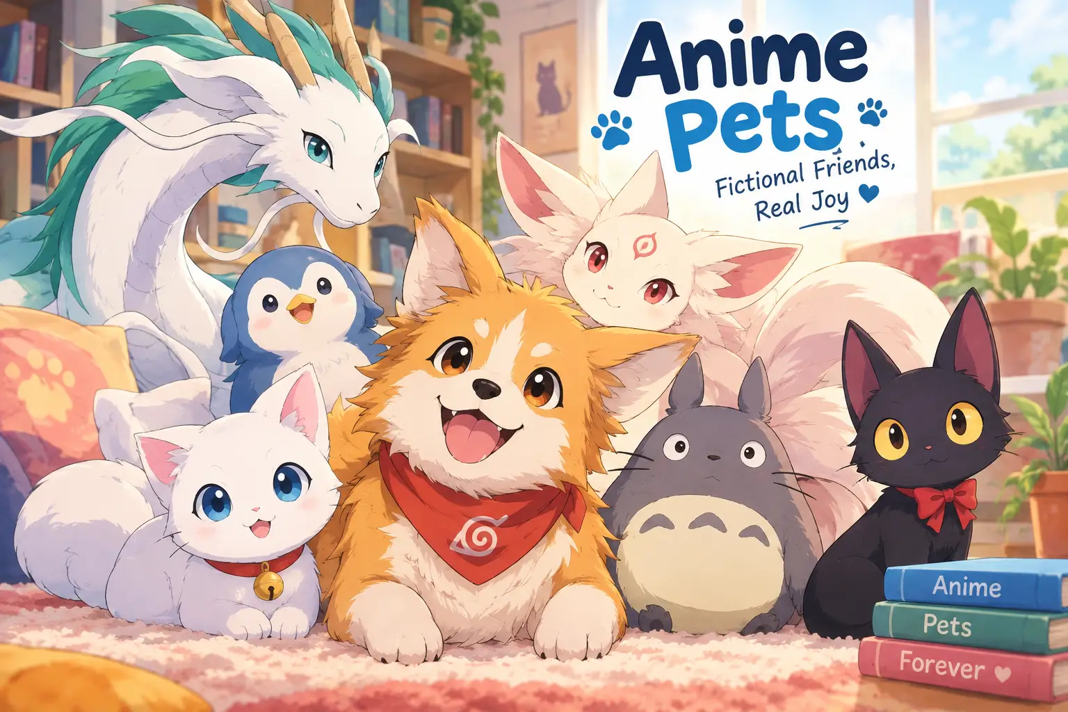 Anime-inspired pets including a cat, dog, hamster, and fantasy animal