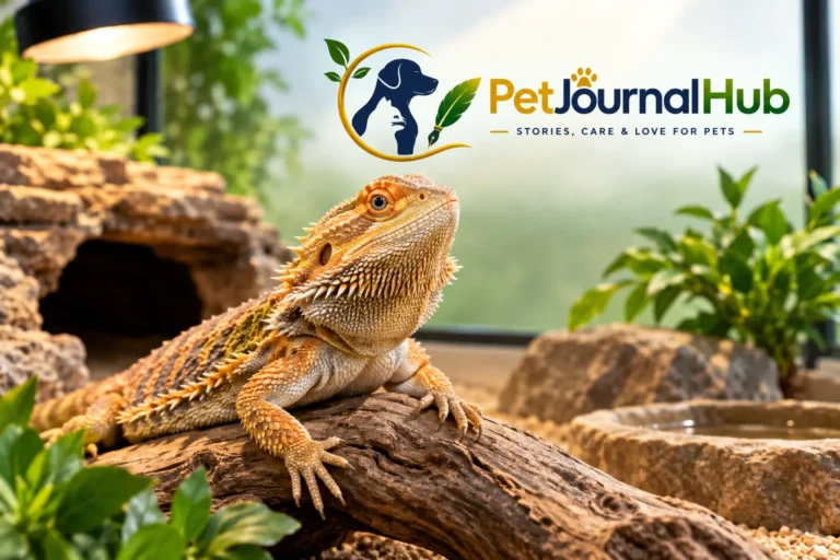 Bearded dragon resting on a basking branch in a spacious reptile enclosure