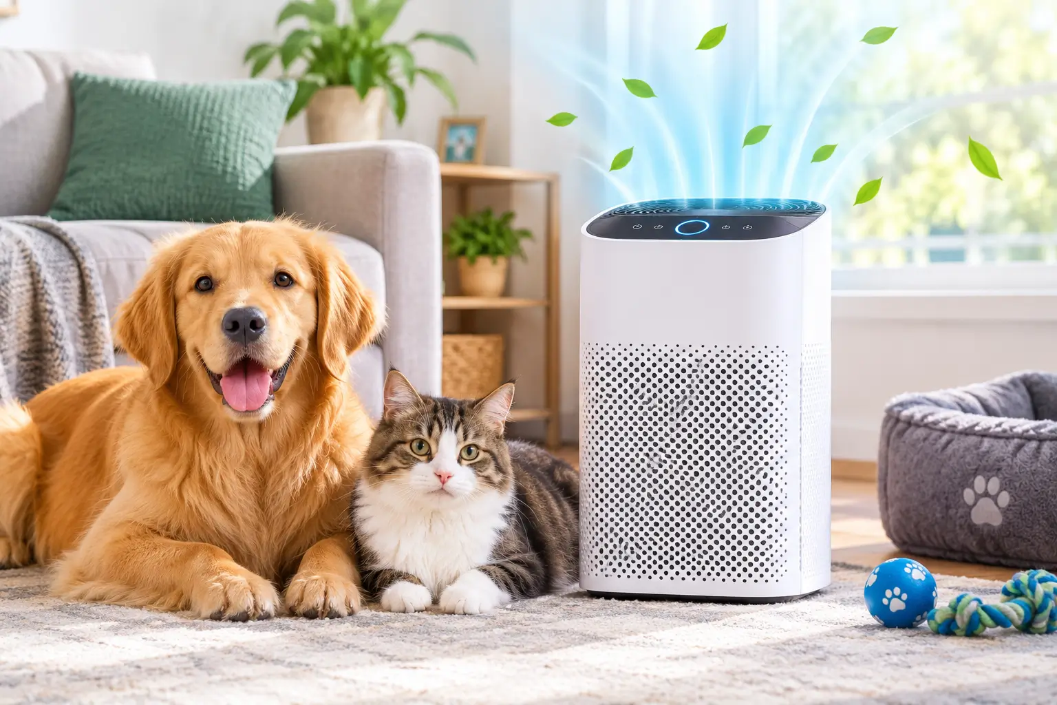 Best air filters for home with pets, featuring a HEPA air purifier beside a dog and cat.