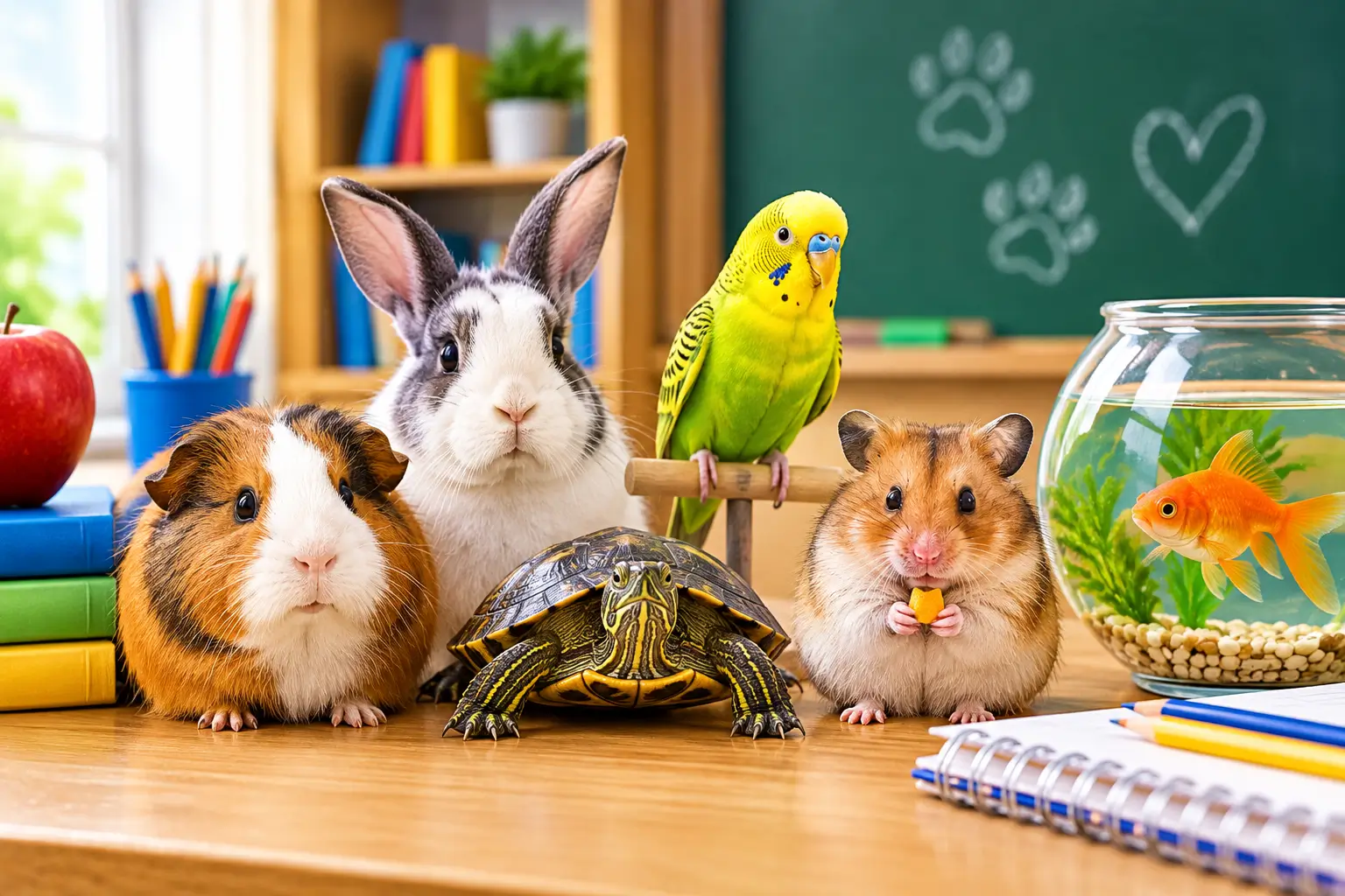 Best classroom pets featuring a rabbit, guinea pig, hamster, parakeet, turtle, and goldfish in a colorful classroom setting.