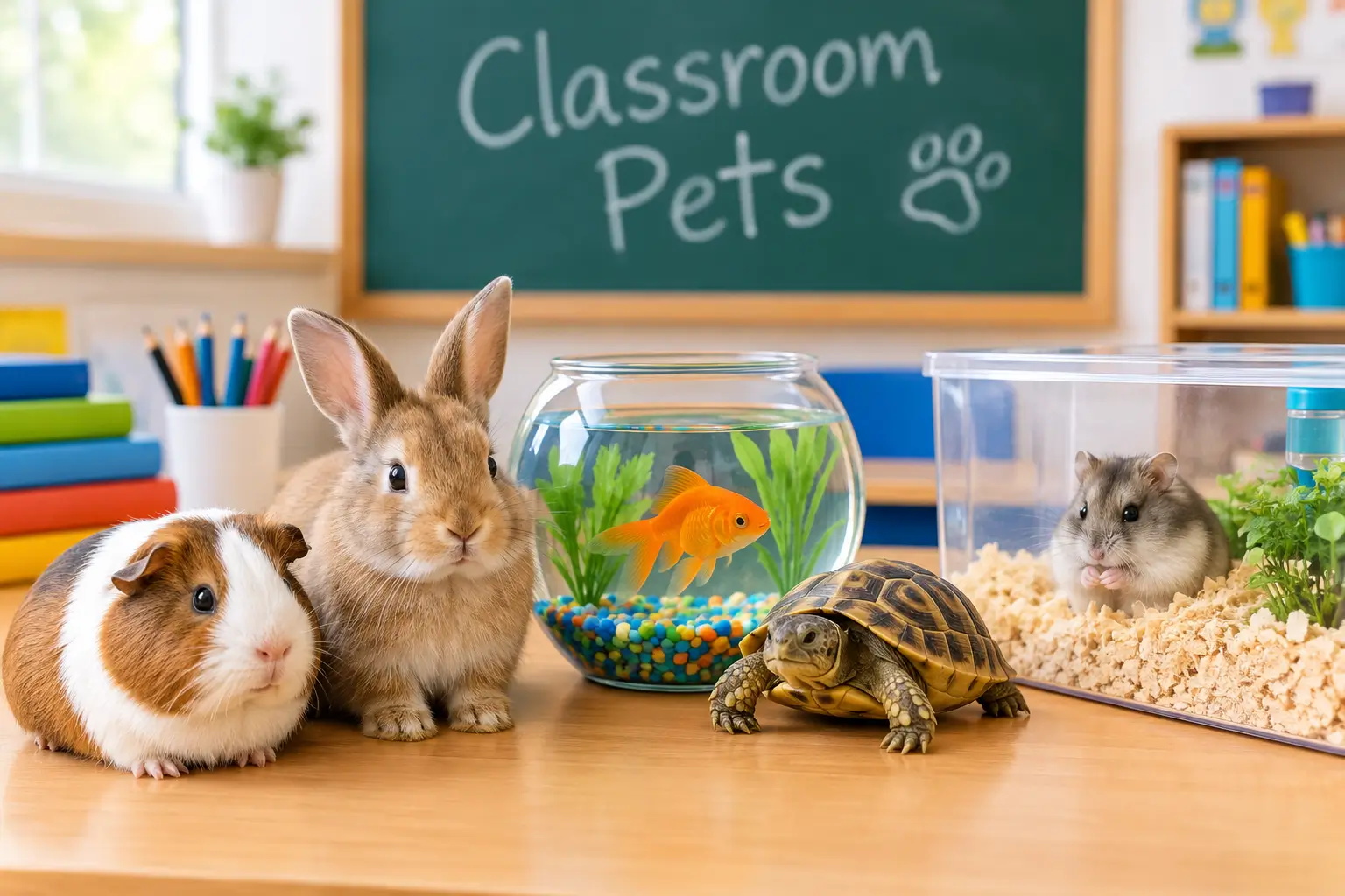 Best classroom pets including a guinea pig, rabbit, goldfish, hamster, and tortoise in a classroom setting.