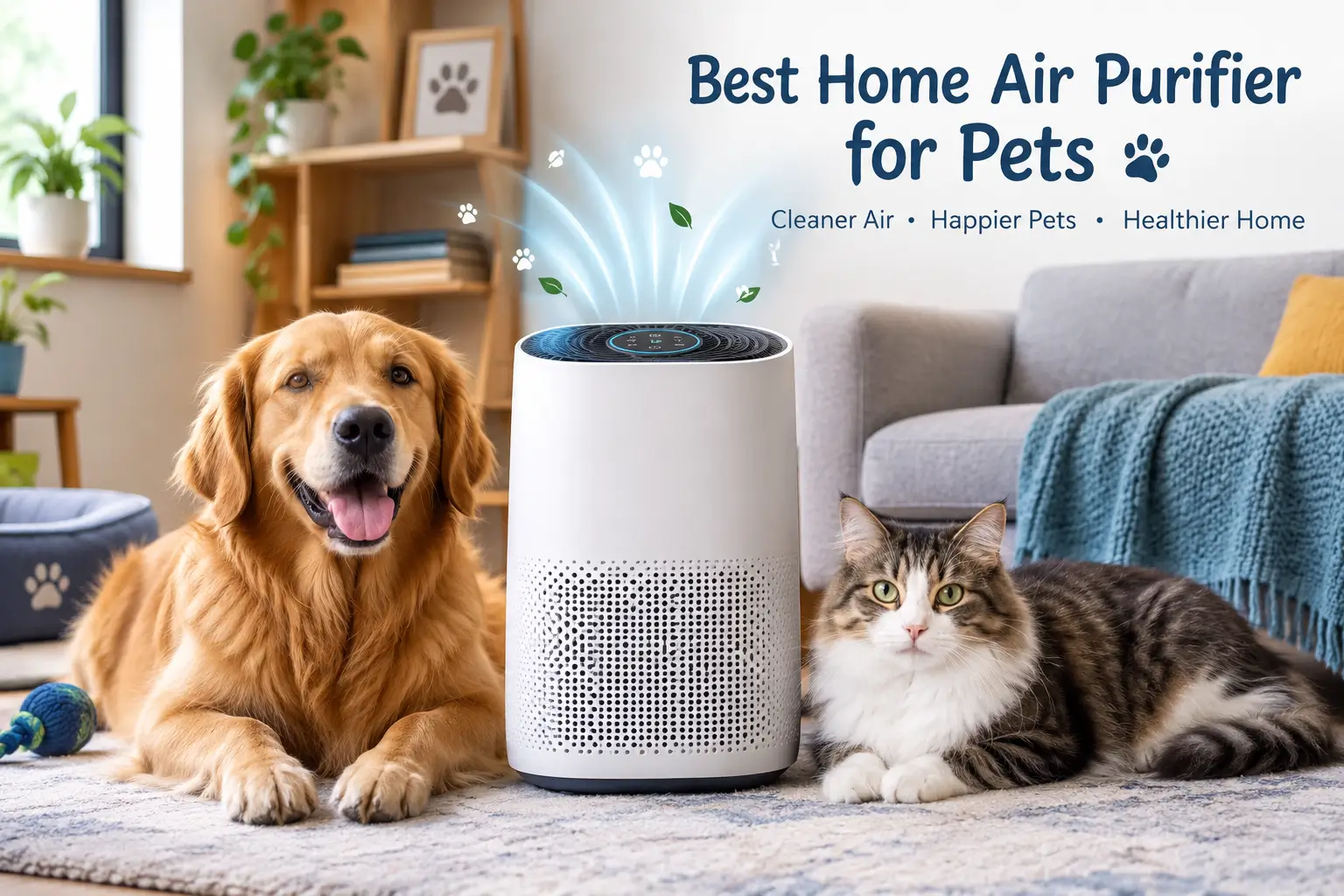 Best home air purifier for pets in a clean living room with a dog and cat