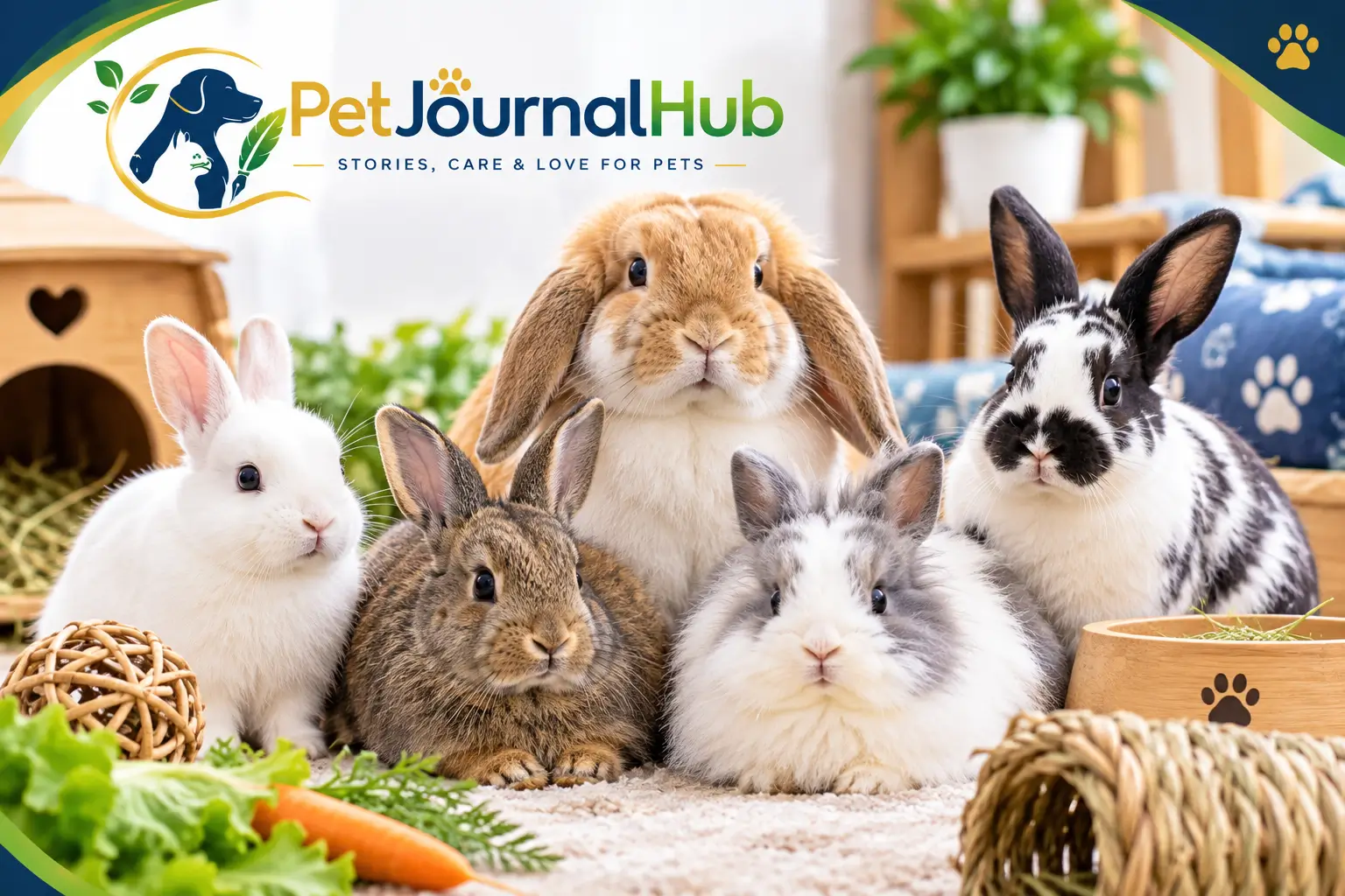 Best rabbits for pets featuring several cute rabbit breeds in a cozy indoor setting.
