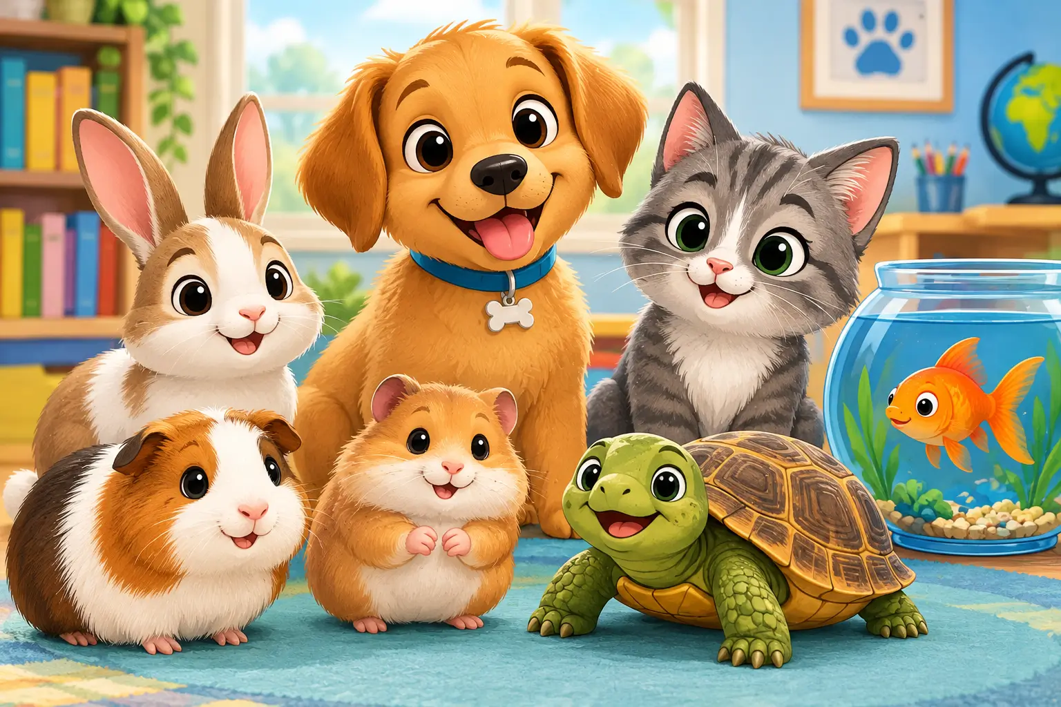Cartoon pets including a cute puppy, kitten, rabbit, guinea pig, hamster, turtle, and goldfish.