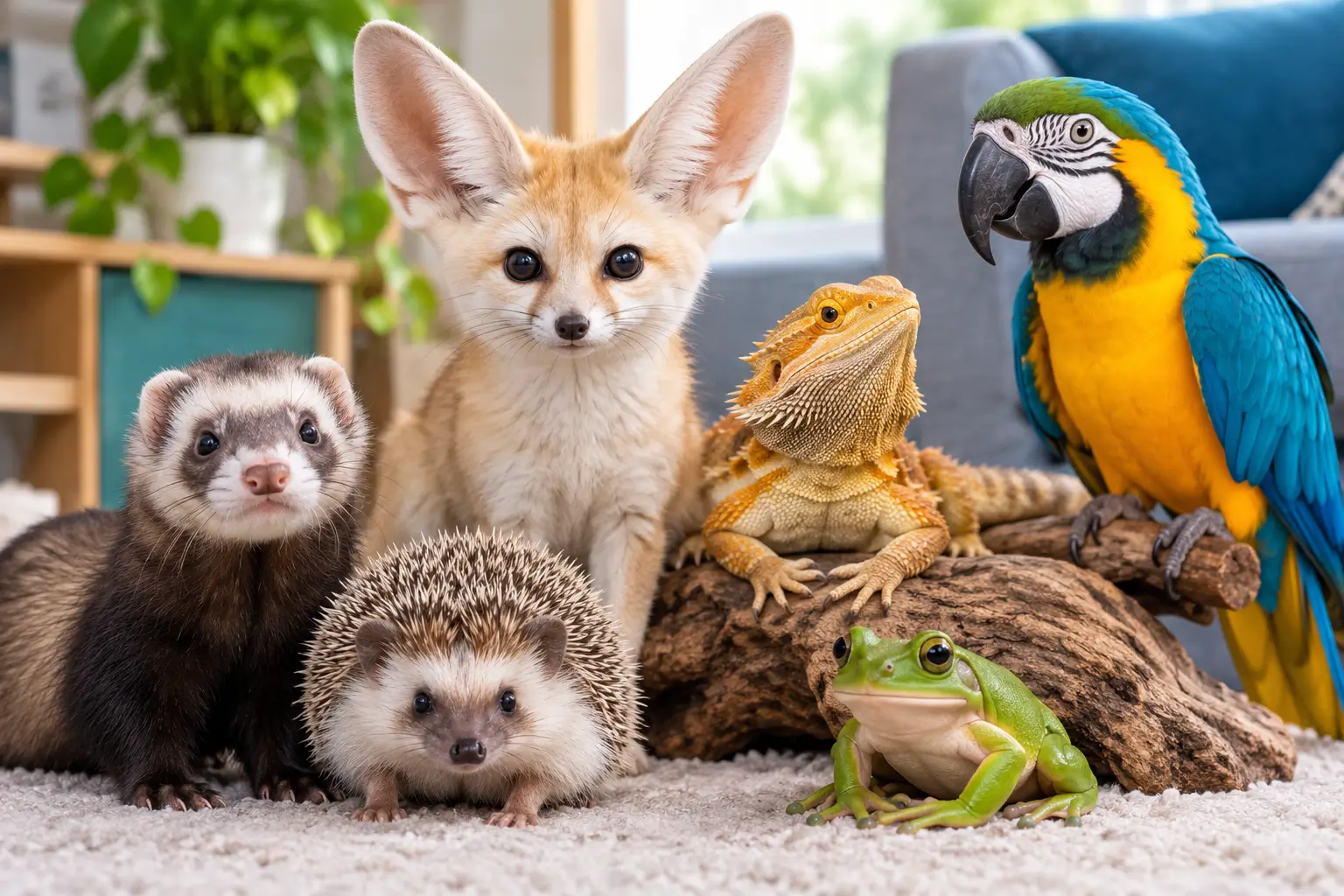 Cool animals to have as pets, including a fennec fox, ferret, hedgehog, bearded dragon, macaw, and frog.
