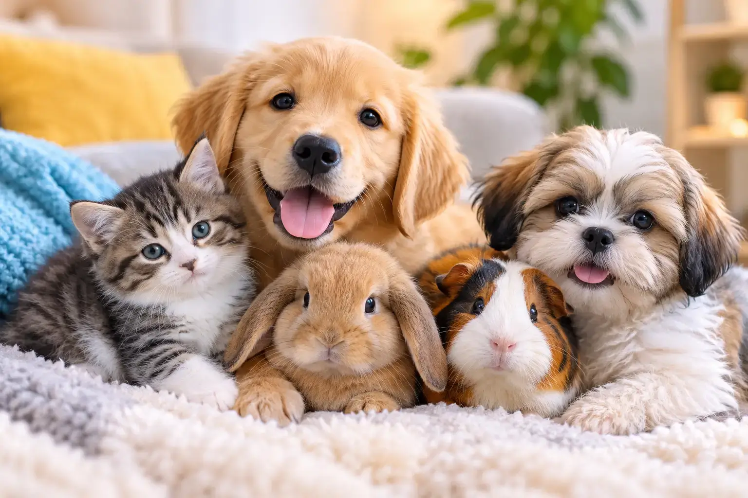 Cuddly pets including a golden retriever puppy, kitten, rabbit, guinea pig, and small dog relaxing together on a soft blanket.