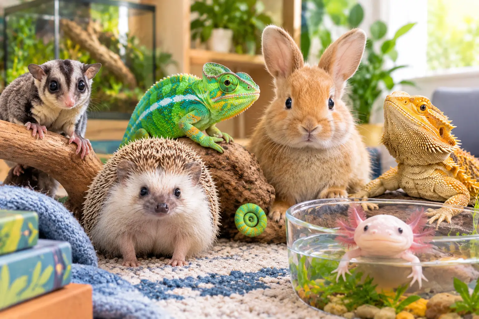 Cute exotic pets including a sugar glider, chameleon, hedgehog, rabbit, bearded dragon, and axolotl.