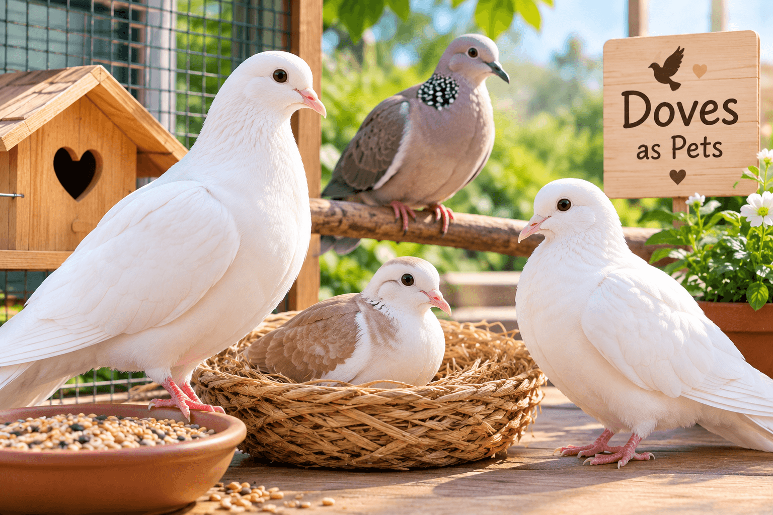 Doves as pets in a bright outdoor aviary with nesting basket, birdhouse, and food bowl.