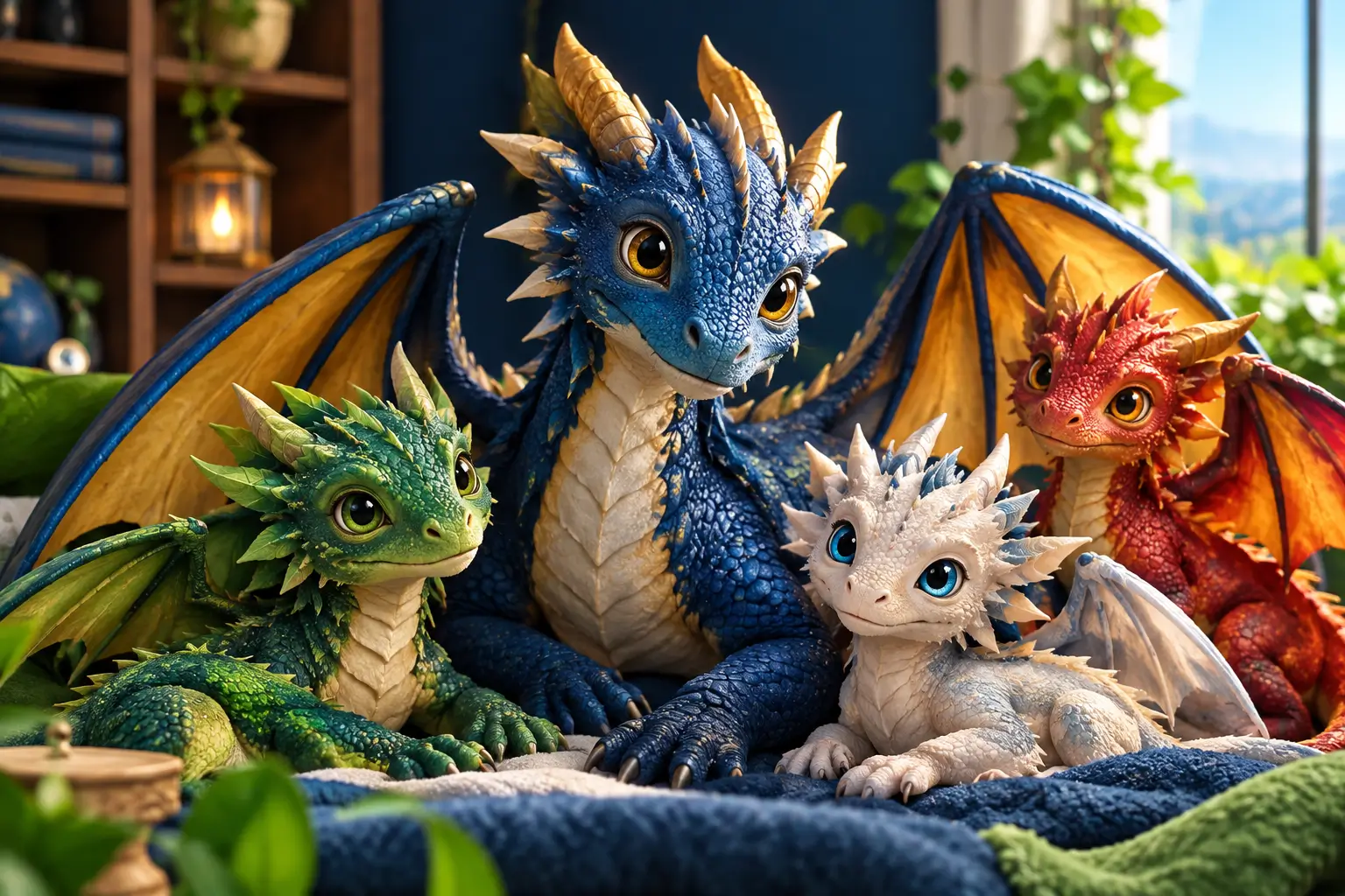 Adorable dragon pets in blue, green, white, and red relaxing together in a cozy indoor setting.
