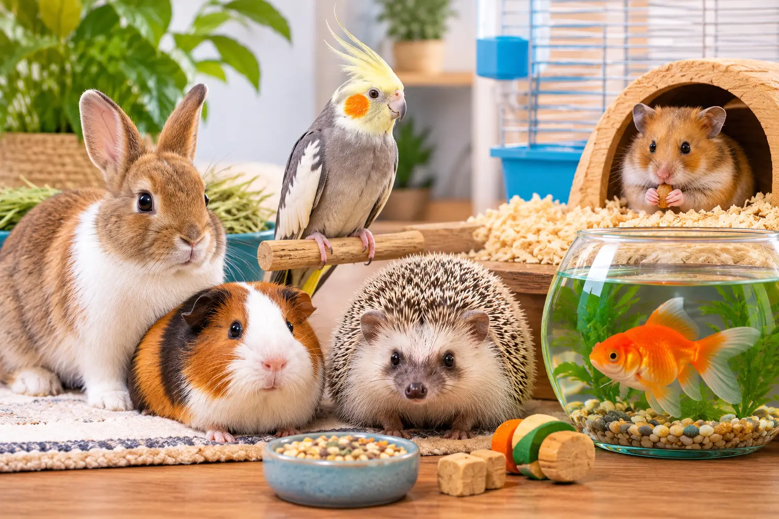Easiest pets including a rabbit, guinea pig, hamster, hedgehog, cockatiel, and goldfish.