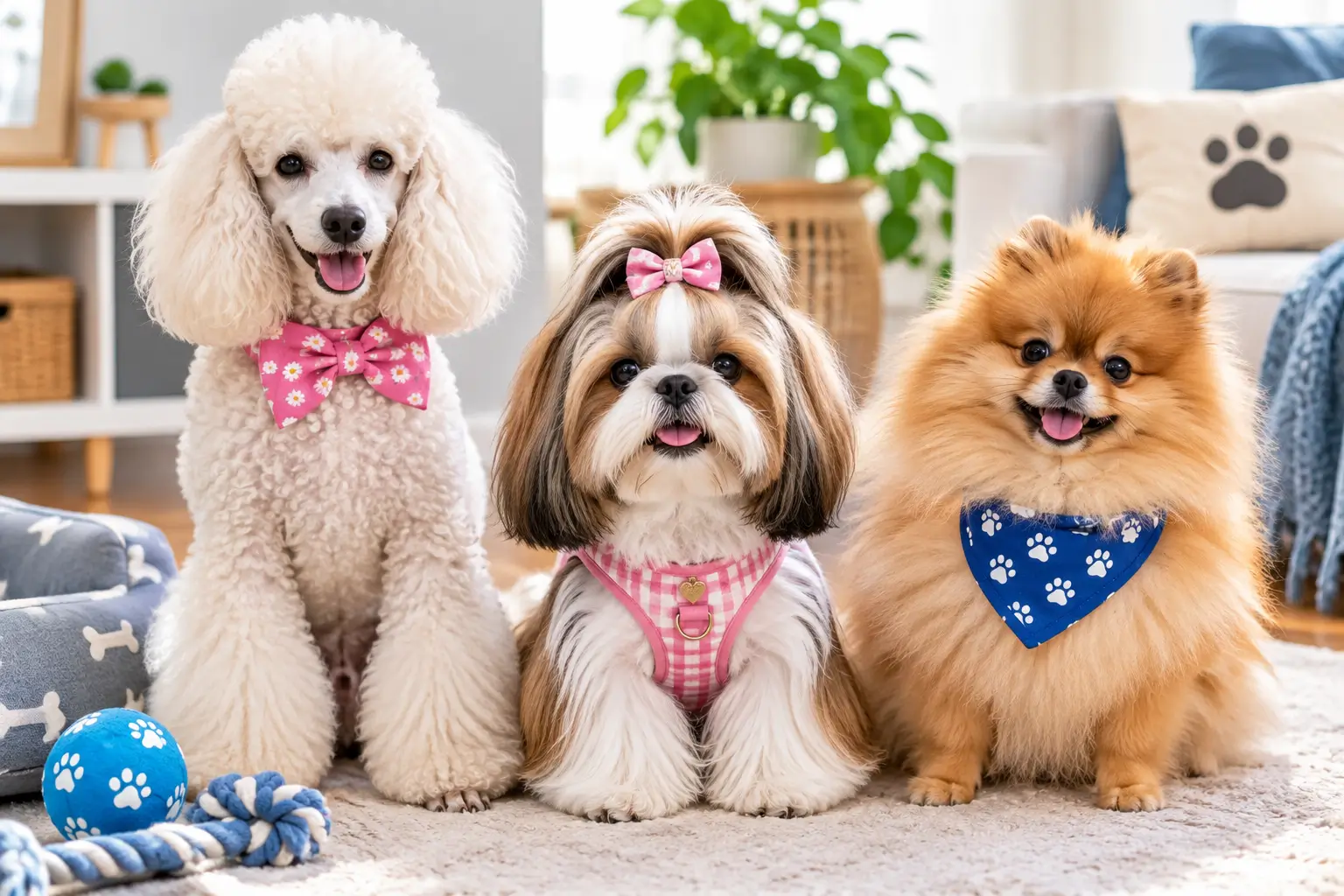 Fashionable pets including Poodle, Shih Tzu, and Pomeranian with stylish grooming