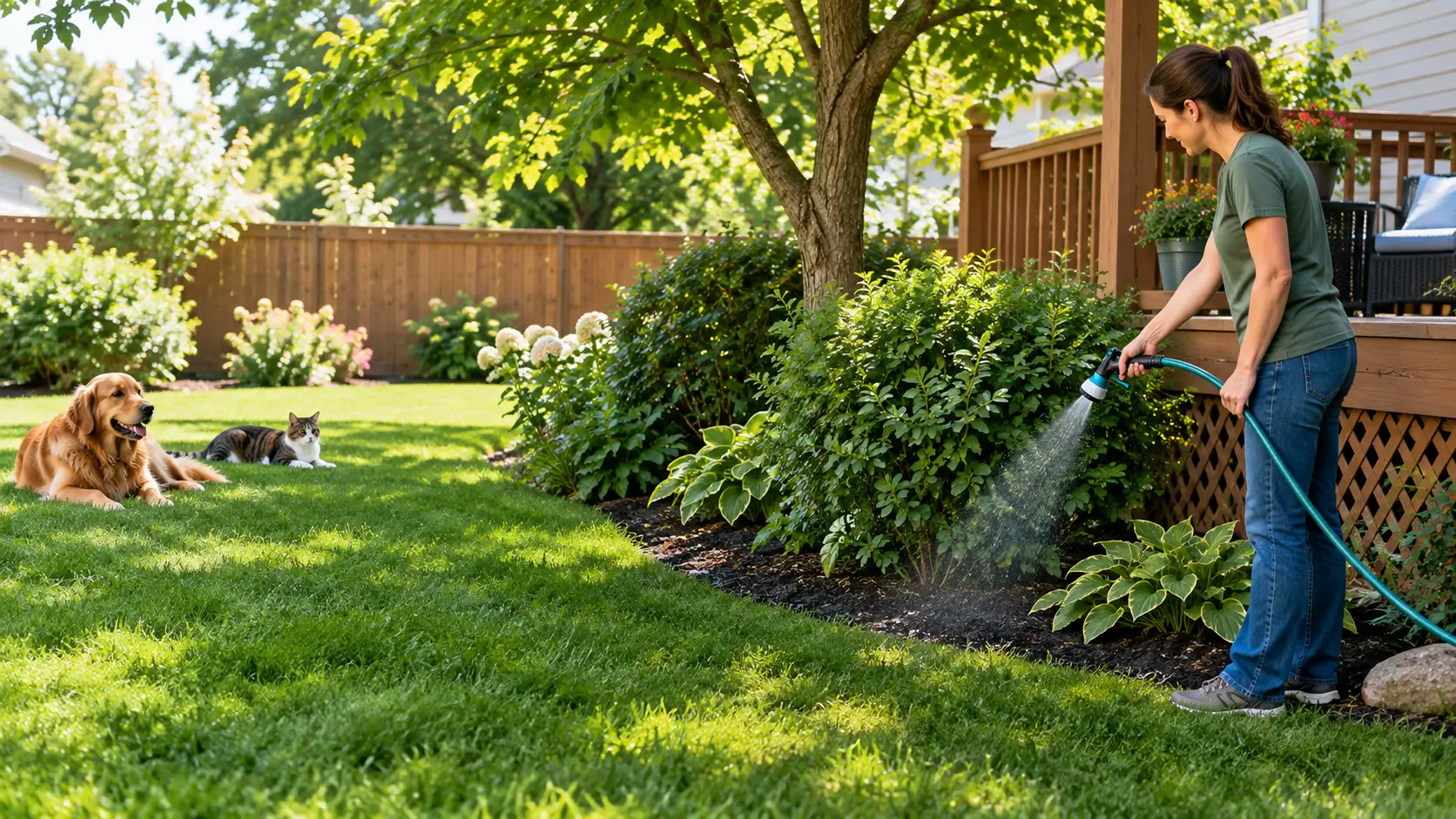Pet-safe yard flea control around a shaded backyard area