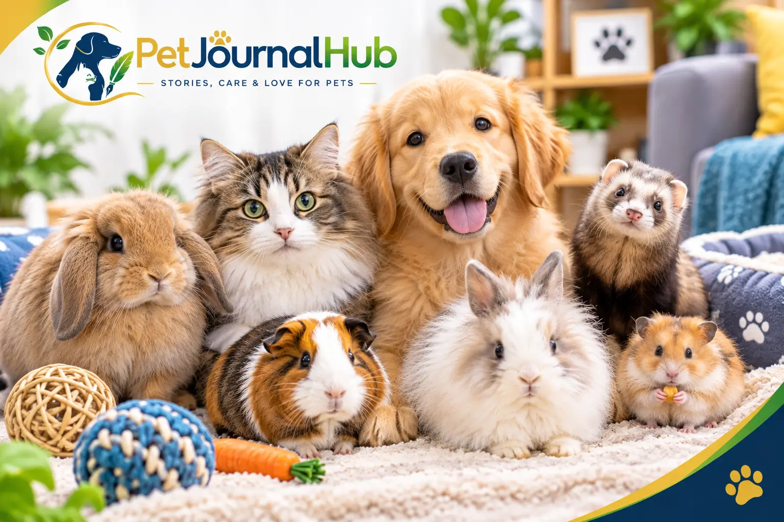 Furry pets including a golden retriever, fluffy cat, rabbits, guinea pig, ferret, and hamster together in a cozy home.