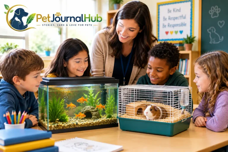 Students safely observing classroom pets with teacher supervision
