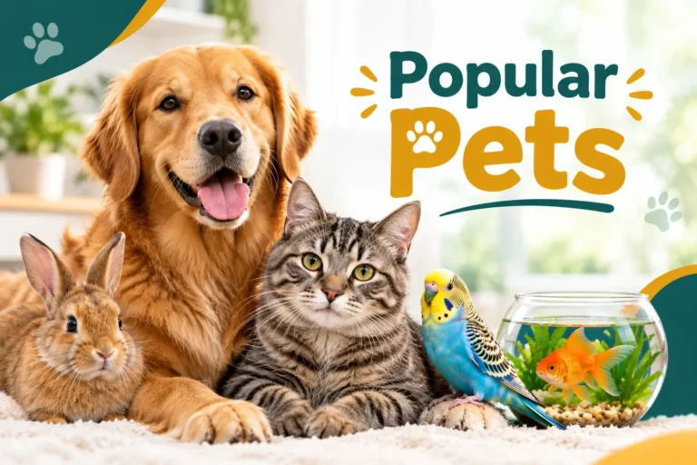 Popular pets including a dog, cat, rabbit, guinea pig, bird, and aquarium fish
