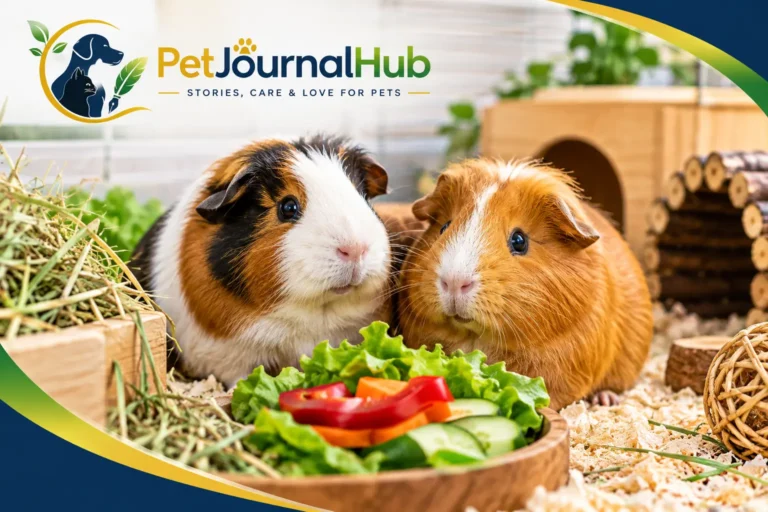 Guinea pigs as pets relaxing together in a spacious indoor enclosure