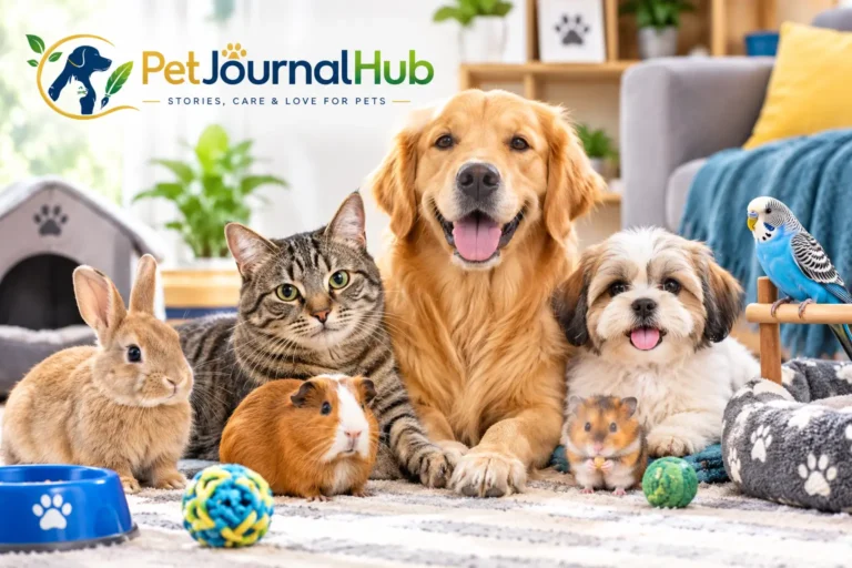 Home pets including a golden retriever, cat, rabbit, guinea pig, hamster, puppy, and budgerigar in a cozy living room.