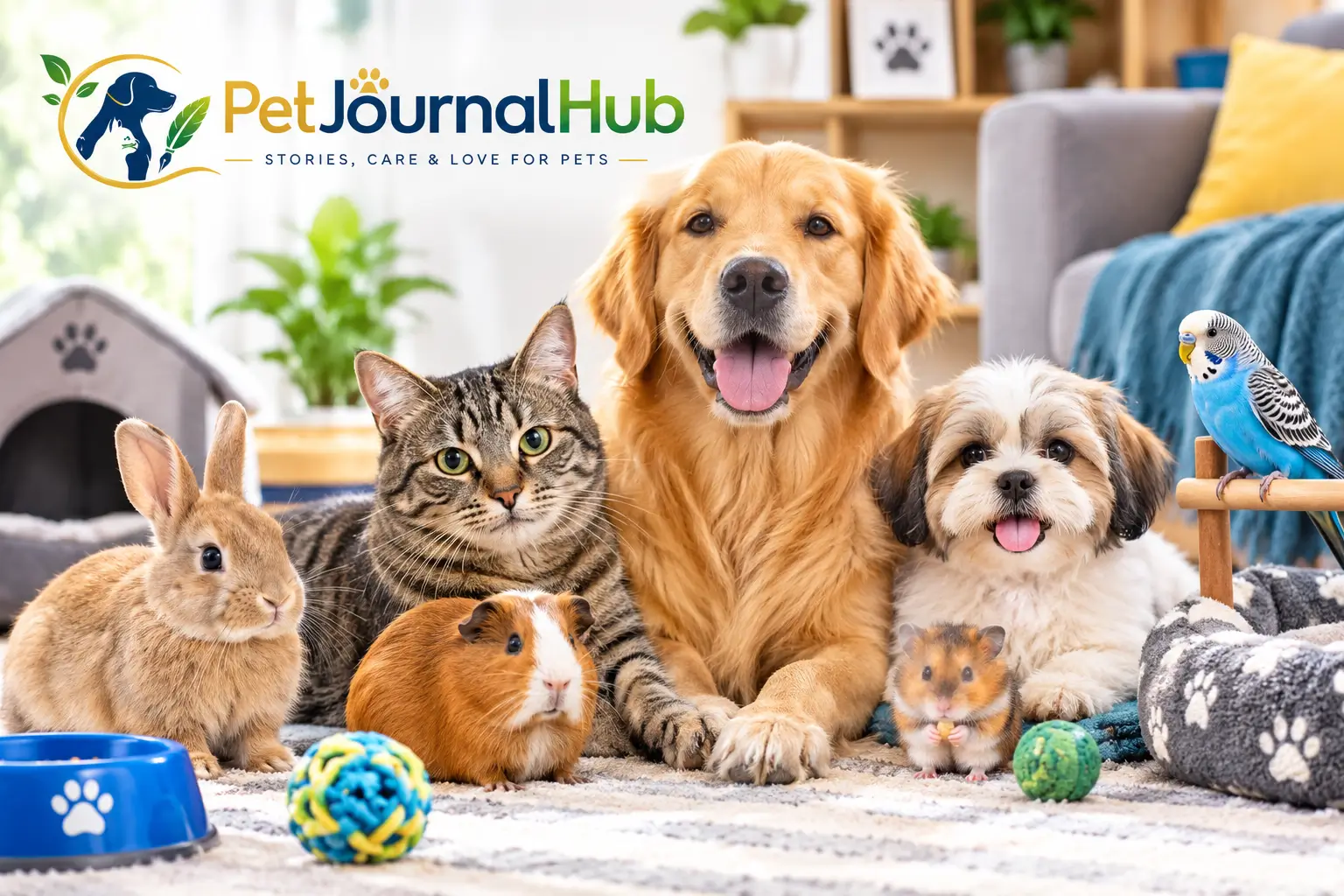 Home pets including a golden retriever, cat, rabbit, guinea pig, hamster, puppy, and budgerigar in a cozy living room.