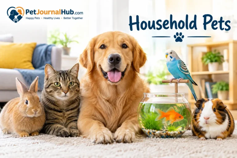 Household pets including a dog, cat, rabbit, guinea pig, bird, and aquarium fish at home