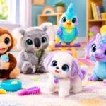 Live pets toys featuring interactive monkey, koala, bird, puppy, and colorful dragon toys