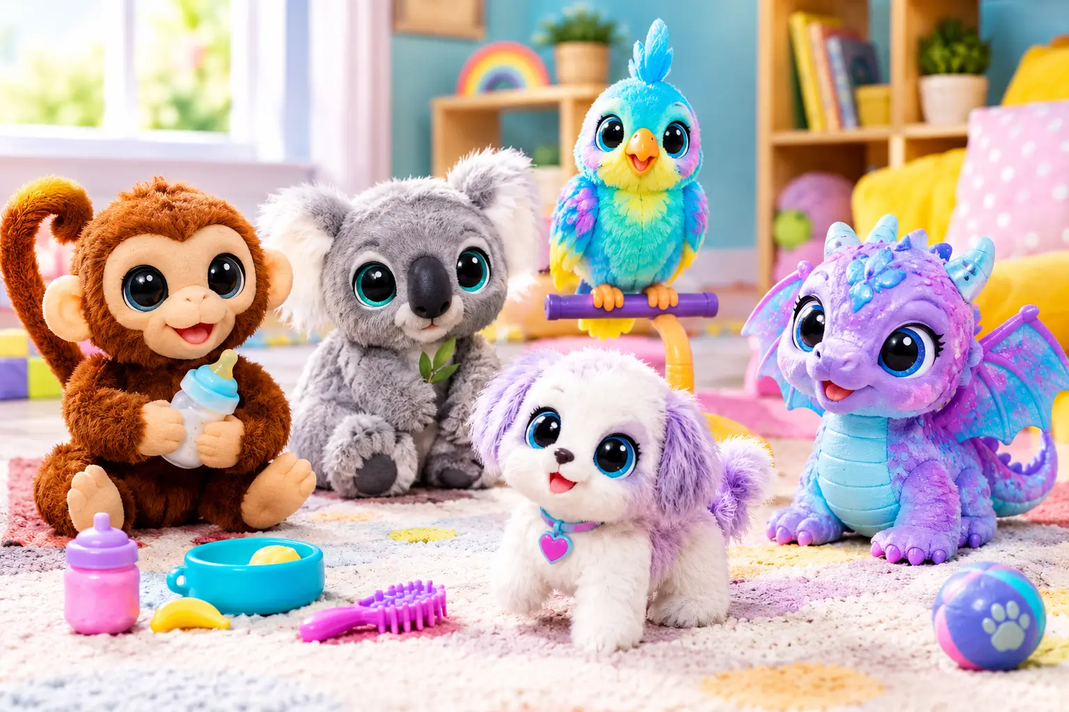 Live pets toys featuring interactive monkey, koala, bird, puppy, and colorful dragon toys