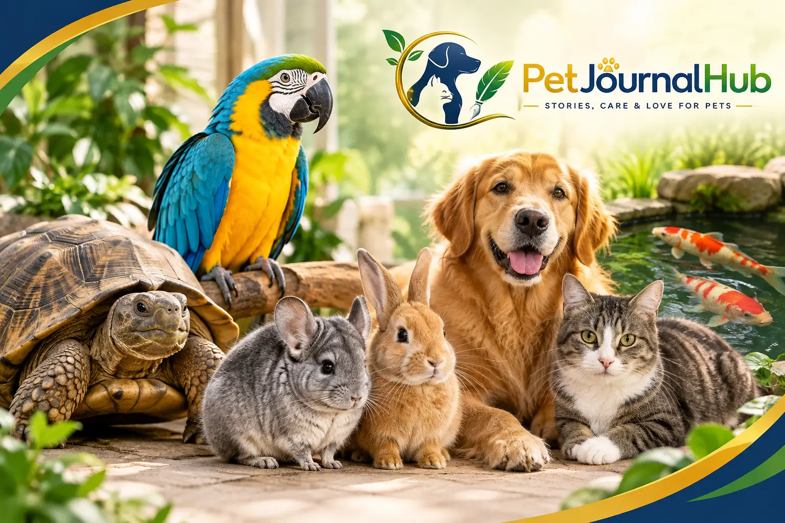 Longest living pets including tortoise, macaw, koi fish, chinchilla, and rabbit