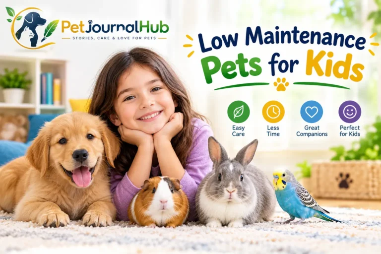 Low maintenance pets for kids including a guinea pig, hamster, and aquarium fish
