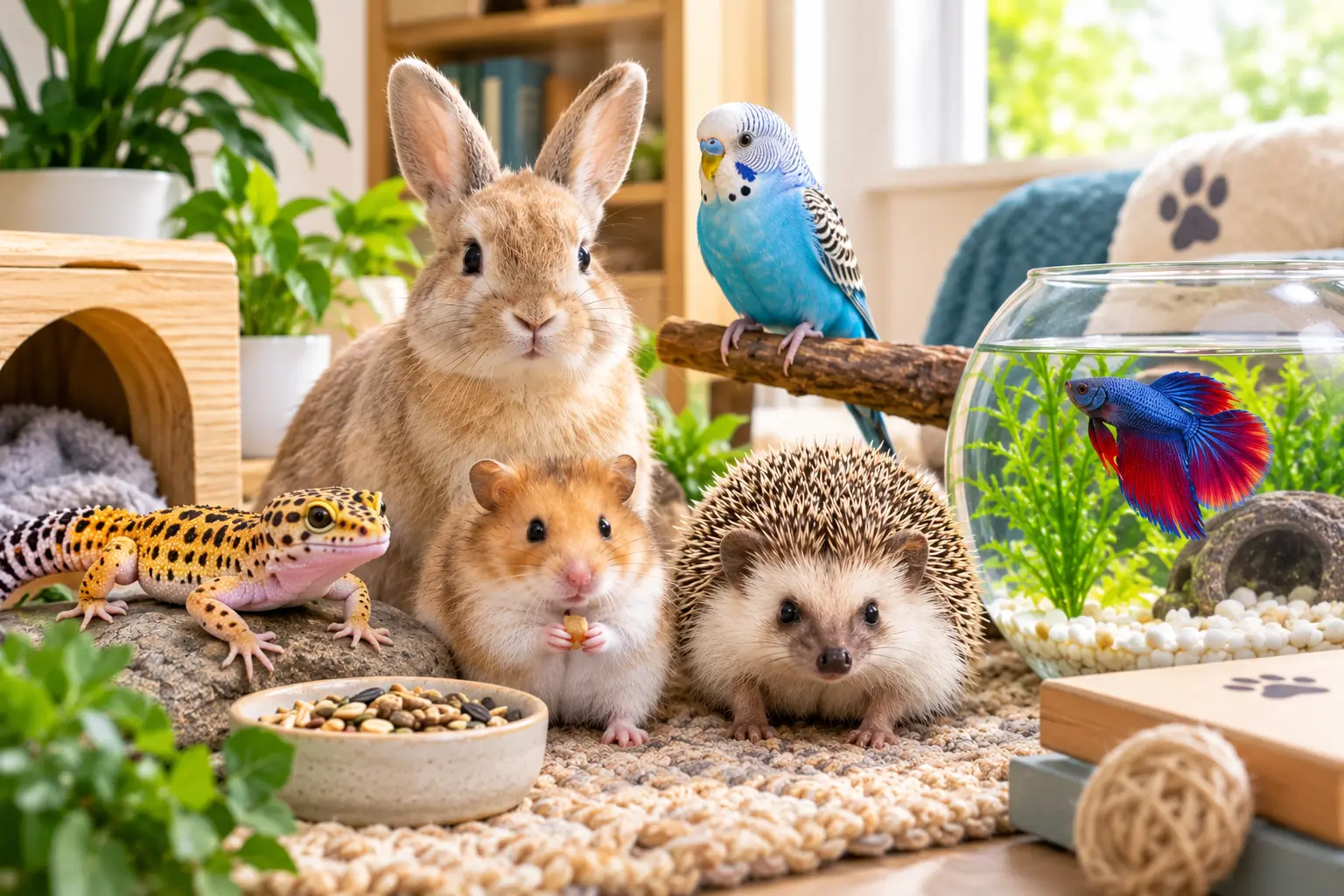 Lowest maintenance pets including a rabbit, hamster, guinea pig, leopard gecko, betta fish, and turtle.