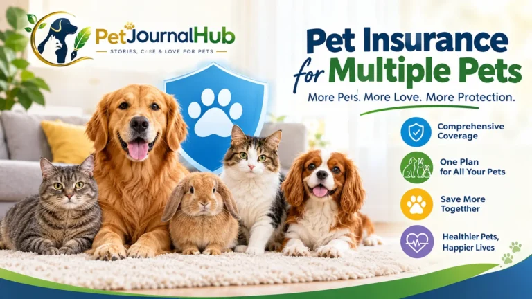 Multiple dogs and cats beside pet insurance documents in a home
