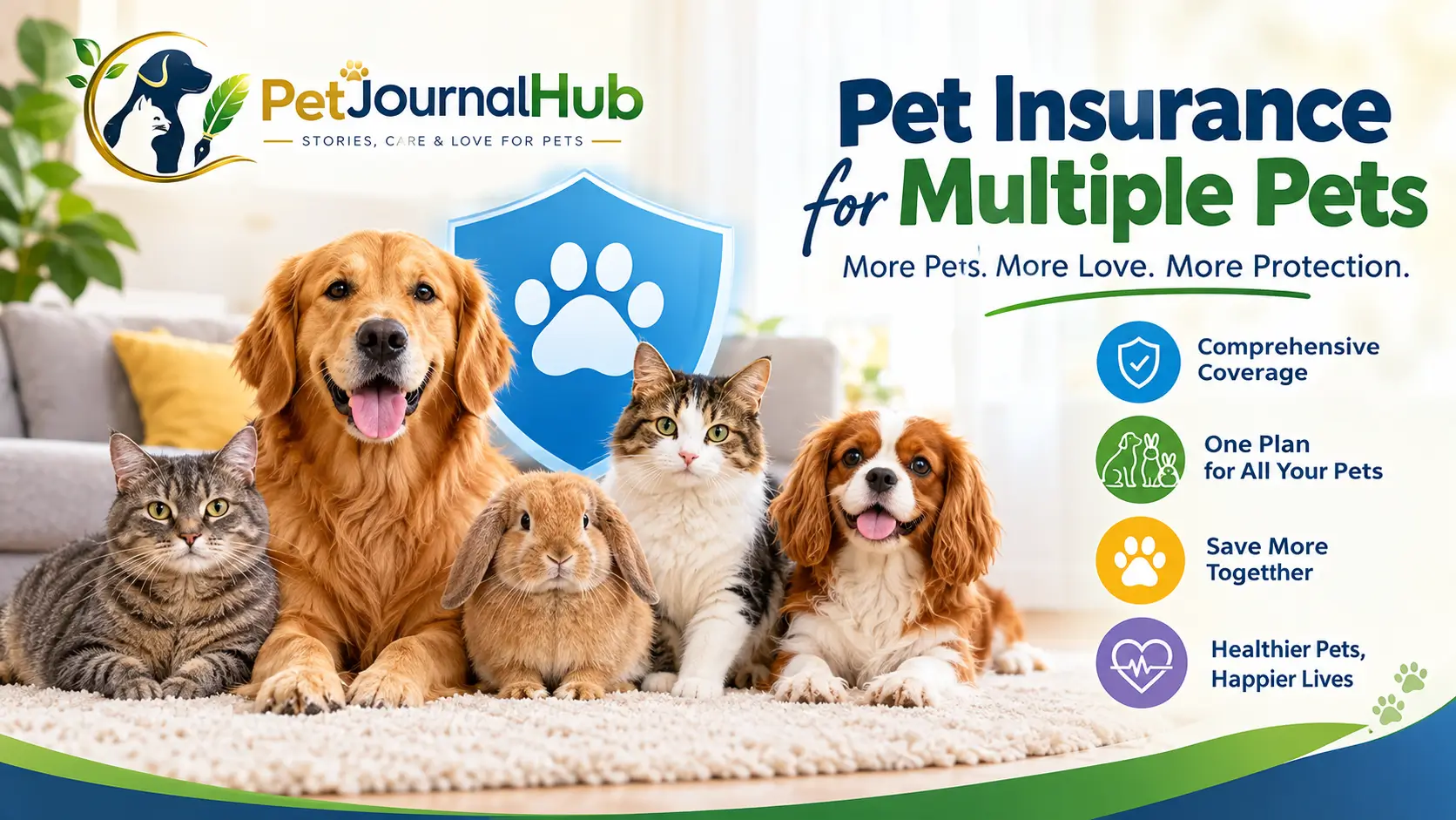 Multiple dogs and cats beside pet insurance documents in a home