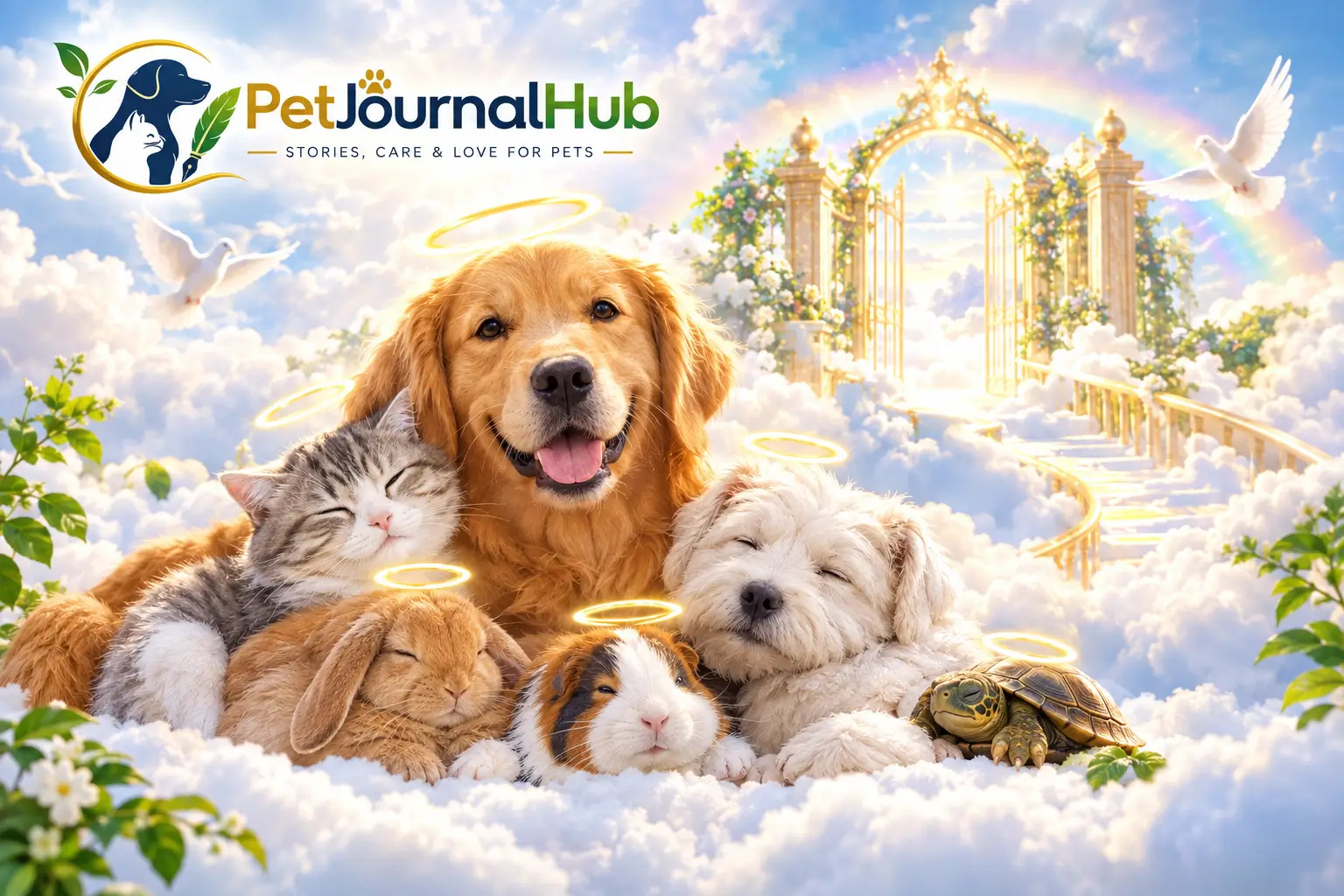 Pets in heaven with halos, clouds, flowers, and a golden heavenly gate featuring PetJournalHub branding.