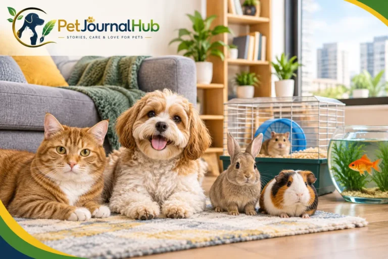 Pets that are good for apartments including a cat, small dog, and small pet habitat