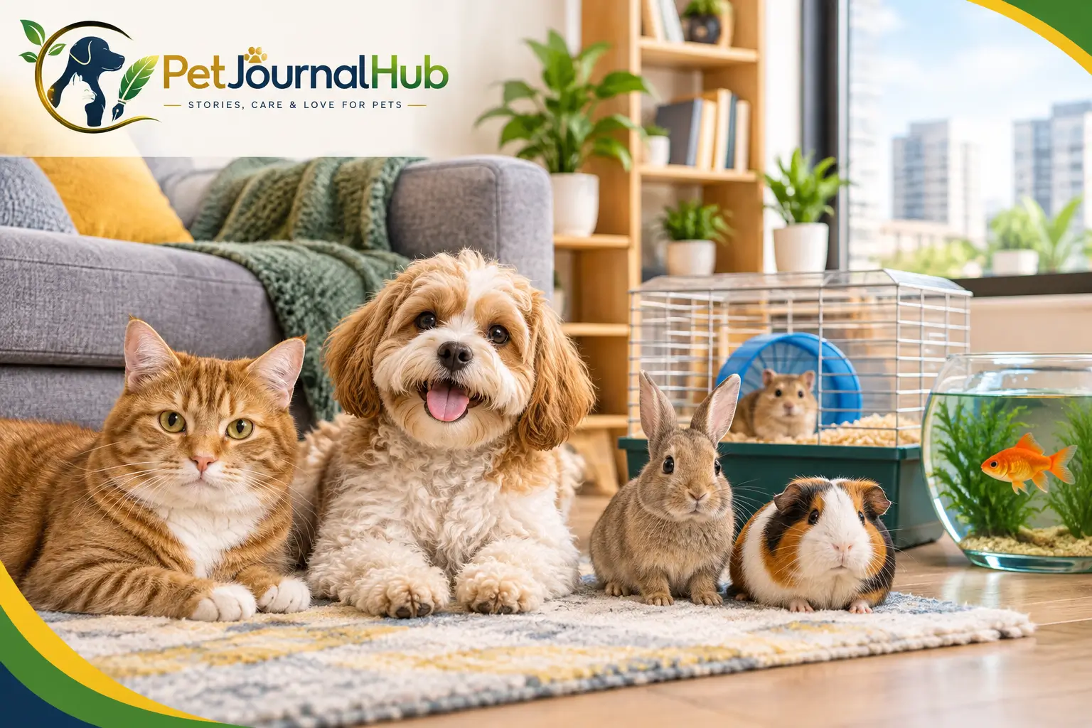 Pets that are good for apartments including a cat, small dog, and small pet habitat