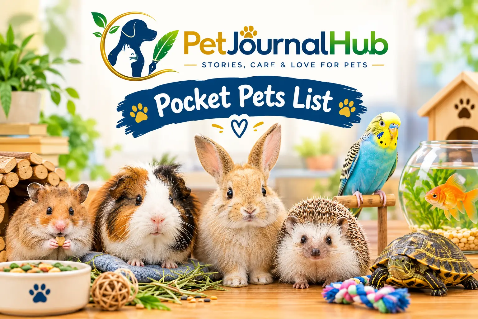 Pocket pets list featuring a cute hamster, guinea pig, rabbit, hedgehog, budgie, turtle, and goldfish in a cozy pet-friendly setting.
