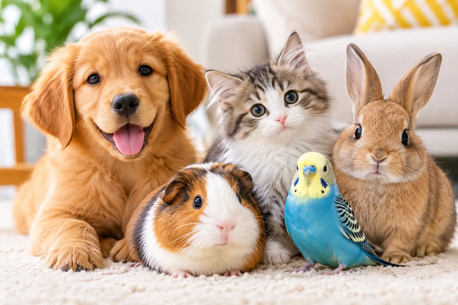 Pretty pets including a golden puppy, fluffy cat, rabbit, guinea pig, and colorful parakeetA collection of adorable and pretty pets, including a golden puppy, fluffy cat, rabbit, guinea pig, and colorful parakeet, gathered together in a cozy home setting.