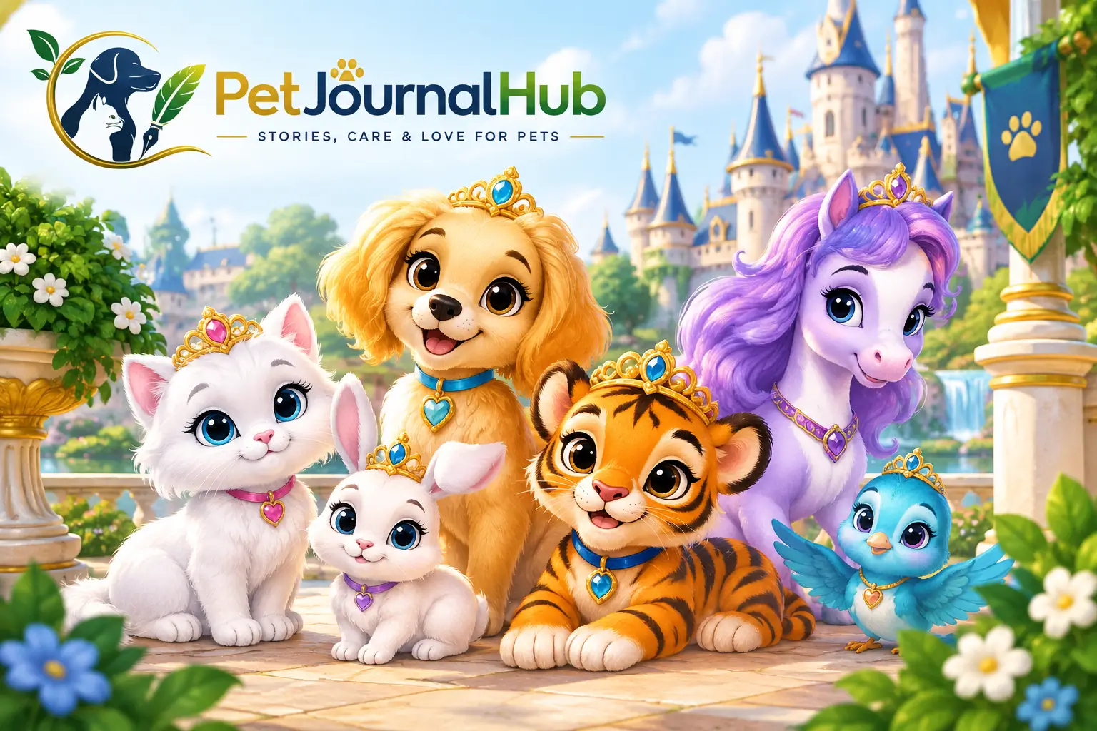 Princess pets featuring cute palace animals in a colorful royal garden