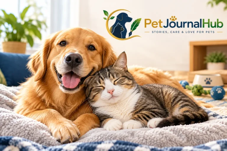 Dog and cat resting together at home representing love and companionship between pets and owners