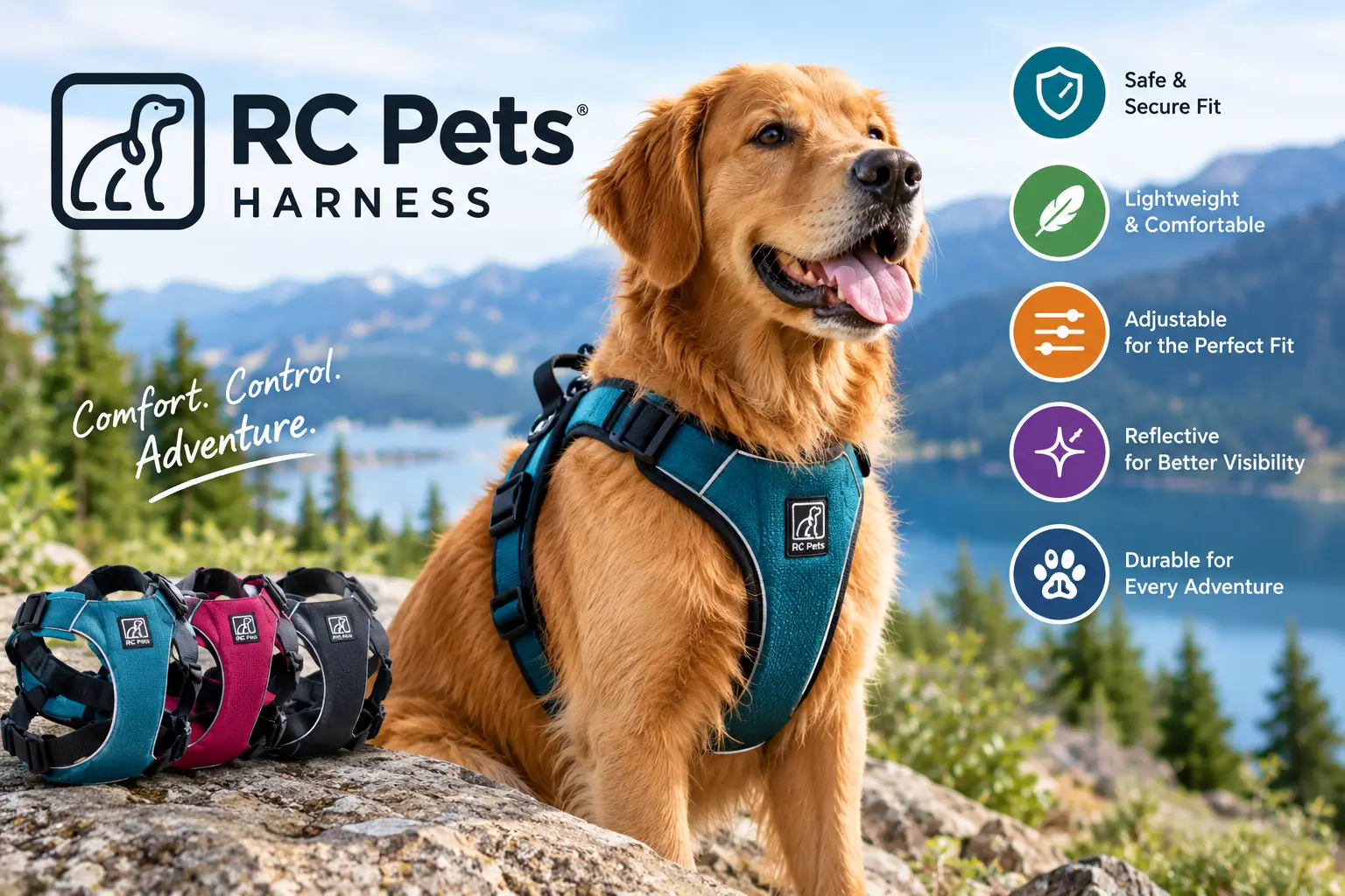 RC Pets harness on a golden retriever outdoors