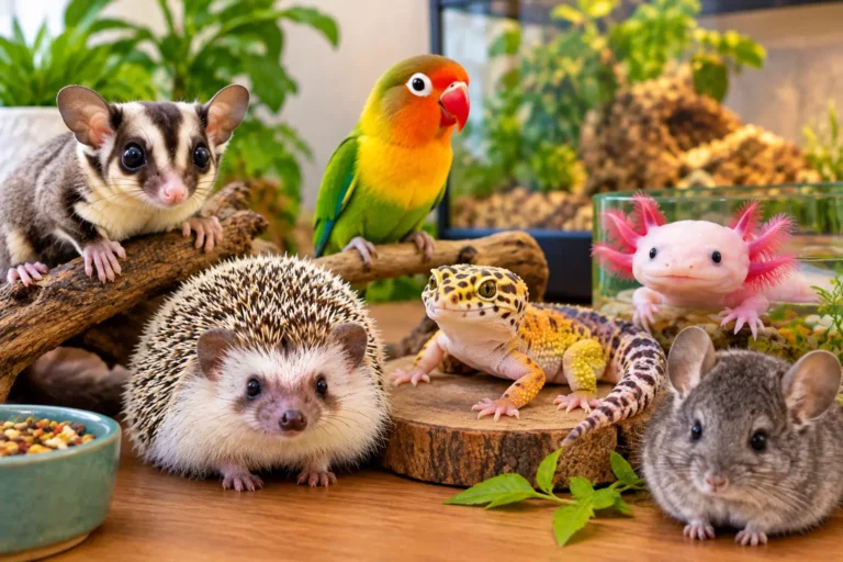 Small exotic pets including a sugar glider, hedgehog, leopard gecko, axolotl, lovebird, and chinchilla.