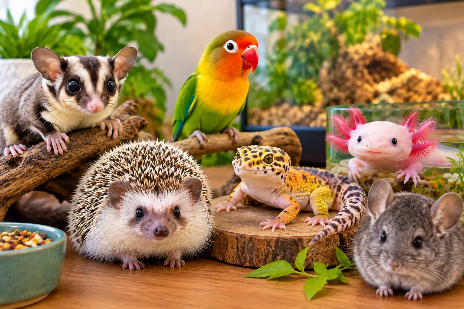 Small exotic pets including a sugar glider, hedgehog, leopard gecko, axolotl, lovebird, and chinchilla.