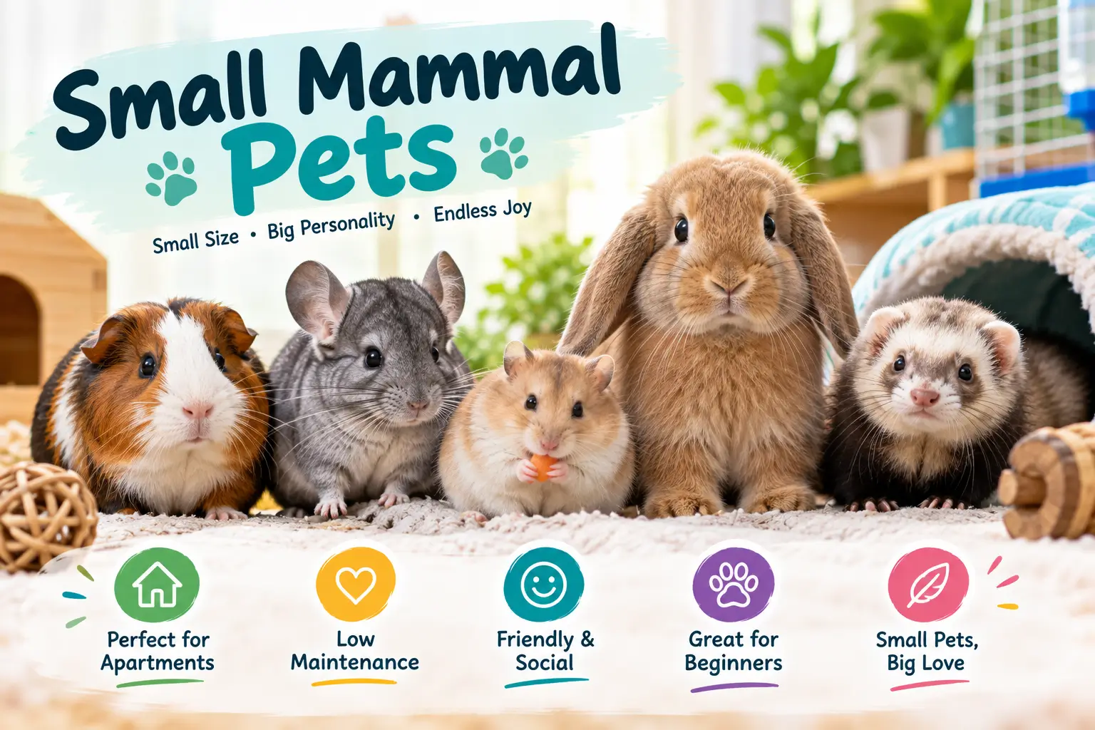 Small mammal pets including a guinea pig, chinchilla, hamster, rabbit, and ferret;